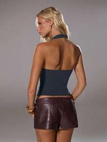 TRNVIE Elegant High Street Halter Neck Circular Buckle Decor Light Blue Women Tank Top, Spring/Summer