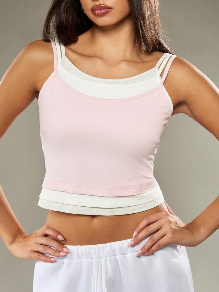 MISSGUIDED Canotta casual a tre strati con bordi a contrasto, top estivo senza maniche in cotone, rosa e bianco, corto