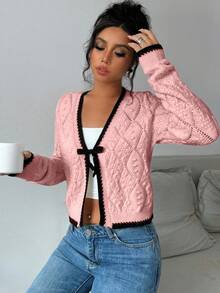 Chiquease French Casual Versatile Diamond Textured Long Sleeve Pullover Knit Fall Winter Cloth For Women - Watermelon Pink - View 4