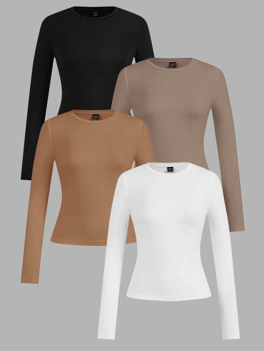 SHEIN EZwear 4件組女款圓領休閒端莊基本款修身長袖T恤套裝,適合秋冬/冬季,日間穿著,黑色、灰褐色、棕色、白色 - 彩色 - 查看 1