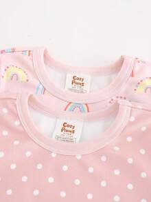 Cozy Pixies 4 件套女婴舒适睡衣套装 - 波尔卡圆点、彩虹、心形印花圆领长袖上衣和松紧腰长裤 - 淺粉色 - 查看 6