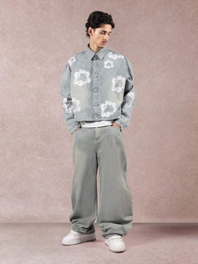 Light Wash Denim Jacket With Circle Print Pattern
