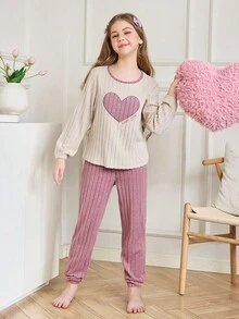 SHEIN Girls Embroidered Heart Pajama Set, Sweet Home Outfit For Autumn/Winter - Pink - View 2