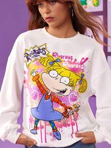 Nick 90s | SHEIN 女式卡通人物图案圆领长袖套头衫 - 白色 - 查看 4