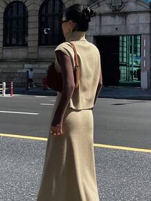 DAZY Women's Casual Solid Color Turtleneck Sweater Vest & Skirt 2-Piece Set, Autumn