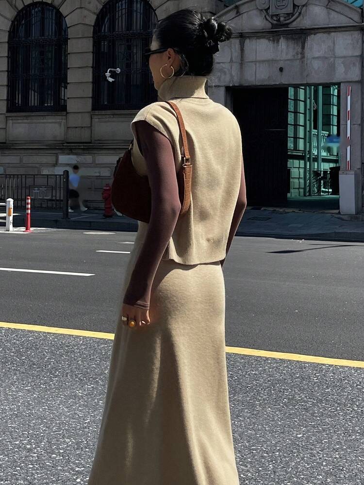 Women's Casual Solid Color Turtleneck Sweater Vest & Skirt 2-Piece Set, Autumn