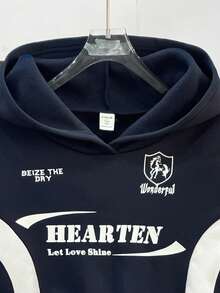 SHEIN Teen Girl Colorblock Letter Print Pattern Loose Casual Hoodie Sweatshirt,In Fall/Winter