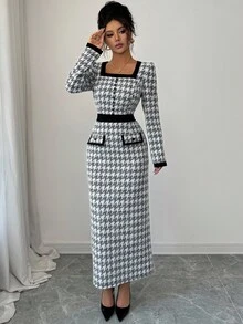 Elenzga Women's Elegant Autumn Long Sleeve Jacquard Black & White Decorative Pocket Plaid Textured Bodycon Maxi Dress, Versatile For Commute And Date