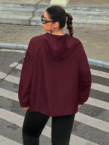 SHEIN EZwear Plus Size Casual Solid Color Half-Zip Hooded Jacket, Autumn - Burgundy - View 2