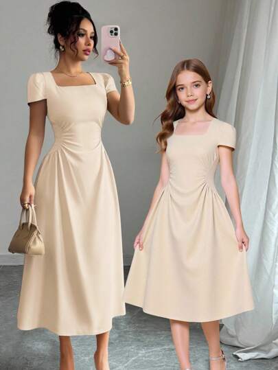 Tween Girls' Elegant Solid Color Ruched Waist Dress, Summer