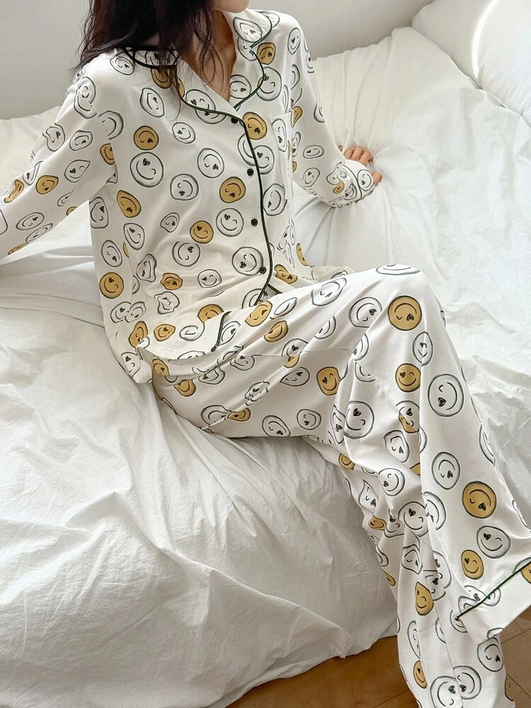 Allover Print Loose Women Pajama Set, Fall Clothes