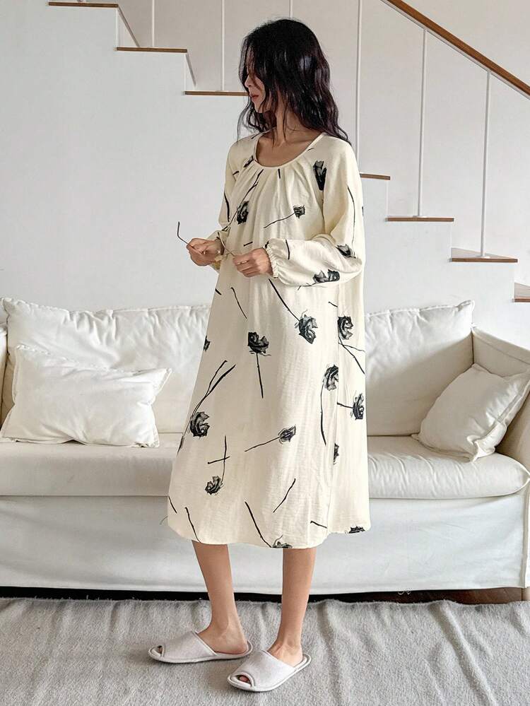 Floral Print Pleated Lantern Sleeve Loose Long Women Nightgown, Fall Pajama