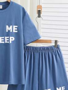 SHEIN Conjunto de Pijama Adolescente Masculino 2 Peças Casual com Estampa de Letra Gráfica, Top de Manga Curta de Gola Careca e Shorts