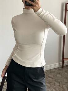 DAZY Women's Mock Neck Slim Fit Long Sleeve Casual T-Shirt, Sexy & Comfortable Fall Tops Thermal Lined,Winter - Beige - View 2