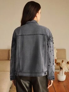 Anewsta Vintage Style Diamond Embellished Black Denim Jacket For Women - Black - View 2