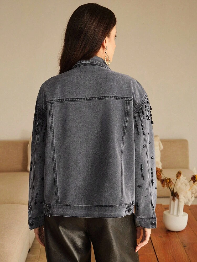 Chaqueta de mezclilla negra con adornos de diamantes en estilo vintage para mujer
