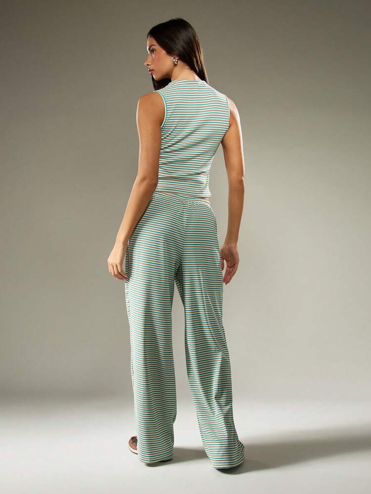 MISSGUIDED Set coordinato a coste e righe con pantaloni a gamba ampia e top corto senza maniche, abbigliamento da spiaggia per vacanze estive