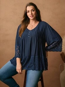 Rosumi 大码女装优雅休闲V领褶皱撞色蕾丝喇叭袖宽松优雅衬衫蓝色大码上衣大码波西米亚风上衣女装秋季服装大码秋季上衣女装波西米亚风服装 - 藏蓝色 - 查看 3