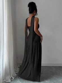Elenzga Fashionable New Solid Color Glossy Fabric Strapless Long Flowy Ruched Waist Slit Hem Dress, Suitable For Weddings, Graduation Parties, Dates, Vacations - Black - View 2