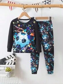 2 Stücke/Set Gestricktes Oberteil mit Rundhalsausschnitt und lange Hose Sportbekleidung für Kleine Jungen, Fußball & Leuchtschrift, cooles Design, mehrfarbig, Herbst/Winter - Verschiedenfarbig - Übersicht 3