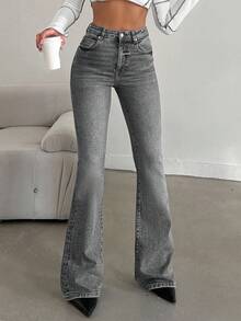 EURMUSE Women's Casual Flare Leg Fitted Button Jeans - Grey - View 3