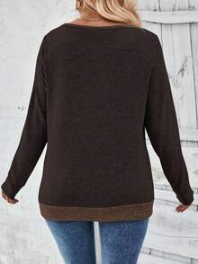 EMERY ROSE New Casual V-Neck Long Sleeve Contrast Color T-Shirt For Women - Coffee Brown - View 2