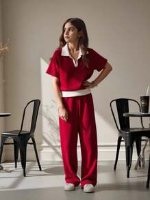 Conjunto de parte superior corta de manga corta y pantalón largo informal con bloques de color para niña preadolescente - Burdeos - Ver 7