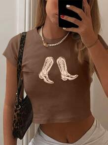Casual Simple Boot Printed Round Neck Short Sleeve Slim Fit Crop Top T-Shirt For Women, Suitable For Summer