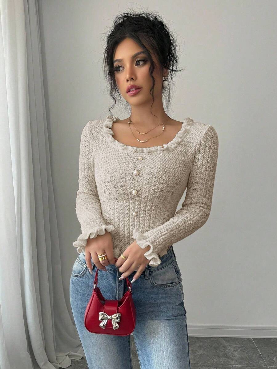 Elenzga Áo len chui đầu tay dài cổ vuông viền bèo nhún mới cho nữ vải thu đông cho nữ - Màu be - Xem 1