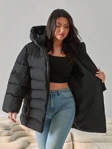 Zip Up Slant Pocket Padded Coat With Fuzzy Trim Fur Hood