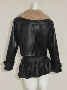 SHEIN ICON Y2k 秋季女款黑色外出撞色仿毛领长袖单排扣 PU 皮革时尚夹克短款皮夹克黑色皮夹克女款仿毛领夹克皮夹克带毛领短款黑色夹克 - 黑色 - 查看 2