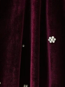 Glamorique Kids Young Girls Burgundy Velvet Bubble Short Sleeve A-Line Dress With Pearl Flower Decor, Pearl Round Neck Droplet Button, Retro Palace Style, Elegant For Christmas Party, Spring/Autumn  Princess  Halloween/Christmas Party Dresses For  Vacation  Autumn And Winter - Burgundy - View 8