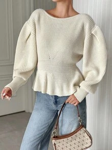 EURMUSE 女士纯色荷叶边灯笼袖厚毛衣 - 米色 - 查看 6