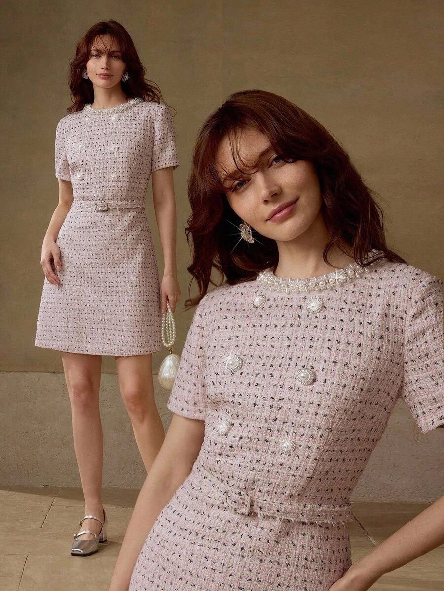 MOTF PREMIUM TWEED FAUX PEARL TRIM DRESS - Pink - View 1