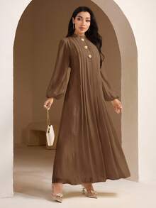 Veilorie Gaun Elegan Wanita Warna Polos dengan Dekorasi Bunga 3D, Lengan Lentera, dan Lipit - Coklat - View 4