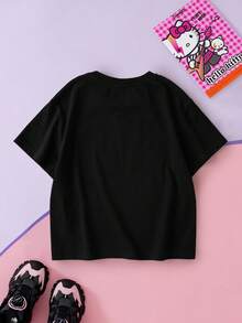HELLO KITTY AND FRIENDS | SHEIN 年轻女孩休闲可爱卡通图案宽松圆领落肩短袖针织黑色T恤，夏季 - 黑色 - 查看 2