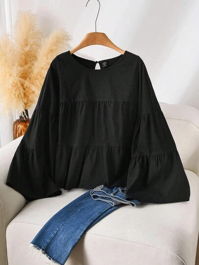 CosyJoli 大码休闲喇叭A字宽松圆领衬衫可爱黑色上衣灯笼袖衬衫多层袖上衣黑色娃娃装上衣黑色多层上衣喇叭袖上衣