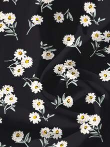 SHEIN LUNE Áo sơ mi nữ in họa tiết hoa cúc dễ thương, phong cách thanh lịch, nền đen, đa năng cho mùa hè và đầu thu - Nhiều màu - Xem 3