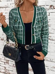 SHEIN Clasi Cárdigan corto ajustado y ligero con ribete de contraste elegante para mujeres, ropa de otoño e invierno