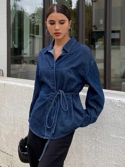 Livesso Women's Western Style Solid Color Tie-Up Loose Turndown Collar Long Sleeve Casual Denim Top, Spring & Summer