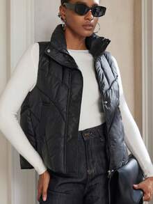 GENKIRA New Fashionable Casual Chic Minimalist Zip-Up Stand Collar Pocket Sleeveless Padded Vest Jacket, Sophisticated Design - Black - View 3