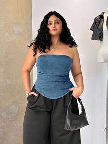 Solflare Top tubo casual sin tirantes con estampado para mujer talla grande, primavera/verano - Azul - Ver 3