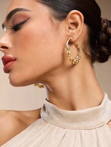 SHEIN Women's Fashionable Gold Rhinestone Copper Hoop Earrings, Suitable As Gift For Mom Or Girlfriend - Gold - View 1