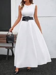 Zolique Women's Solid Color Round Neck Sleeveless Casual Commuter Dress - White - View 3