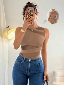 Chiquease Elegant Sexy Fashion Black Round Neck Sleeveless Fitted Asymmetrical Geometric Mesh Patchwork Knitted Bodysuit For Women, Spring/Summer