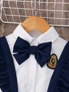Girls' Navy Academic Style Cap Sleeve Collar Badge 3D Bowknot Shirt And Criss-Cross Flare Sleeve Pleated Suspender Skirt Set Cute School Clothes Uniform