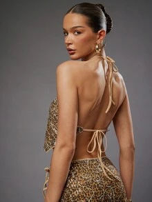 Hauture Top sans dos à franges et à imprimé animal pailleté, sexy pour soirée d'été - Tabac - Voir 2