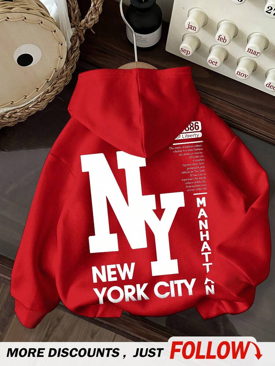 男童休闲简约纽约卡通图案宽松长袖卫衣，适合秋冬季节穿着。 - 紅色 - 查看 1