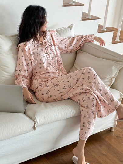 DAZY Ditsy Floral Ruffle Hem Women Pajama Set, Fall Clothes