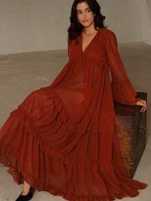 Aveloria Revavyn Brick Red Chiffon Deep V Frill Trim Split Long Sleeve Flare Cuff Layered Ruffle Hem Dress, Reversible Boho Style For Women Fall Cloth For Women - Rust Brown - View 4